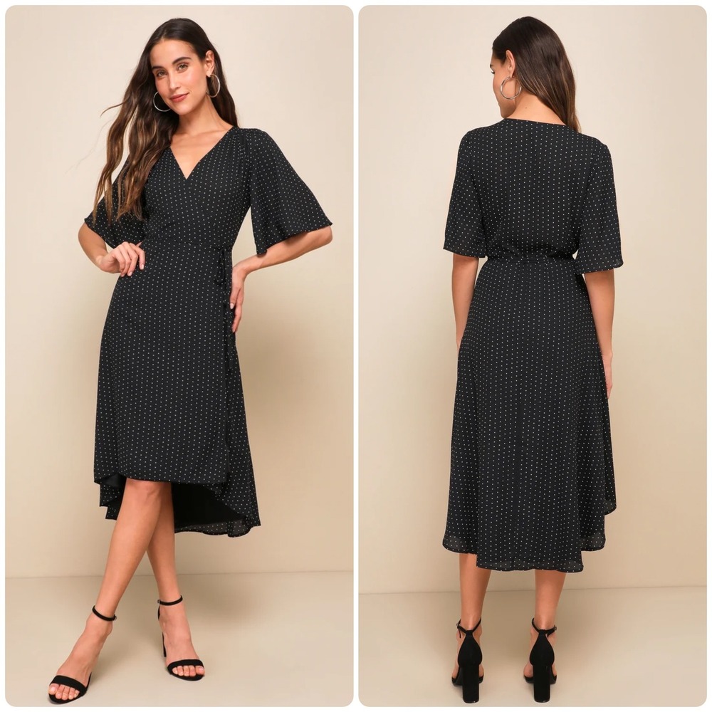 Lulus Womens Farah Black Polka Dot Print Parisian Chic Midi Wrap Dress Size S